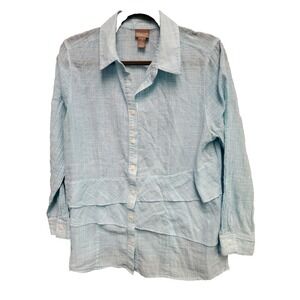 Chico's Aqua/ White Stripe Button Down Shirt Top Cotton Long Sleeve Sz 2 (Lg-12)